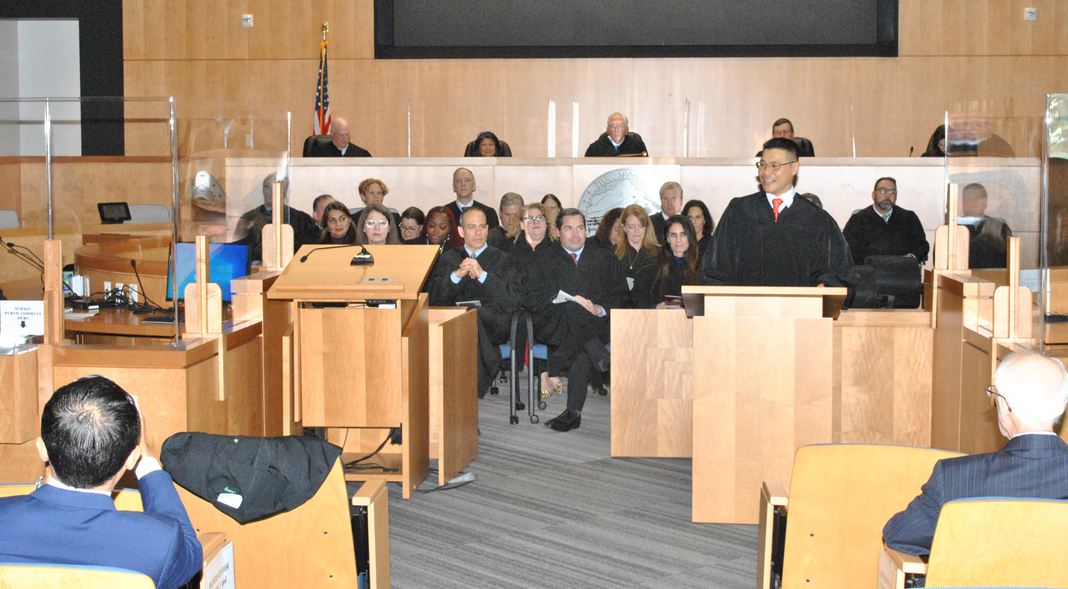 The induction ceremony for new superior court Judge Peter Chang. Glenn Kim was the MC.